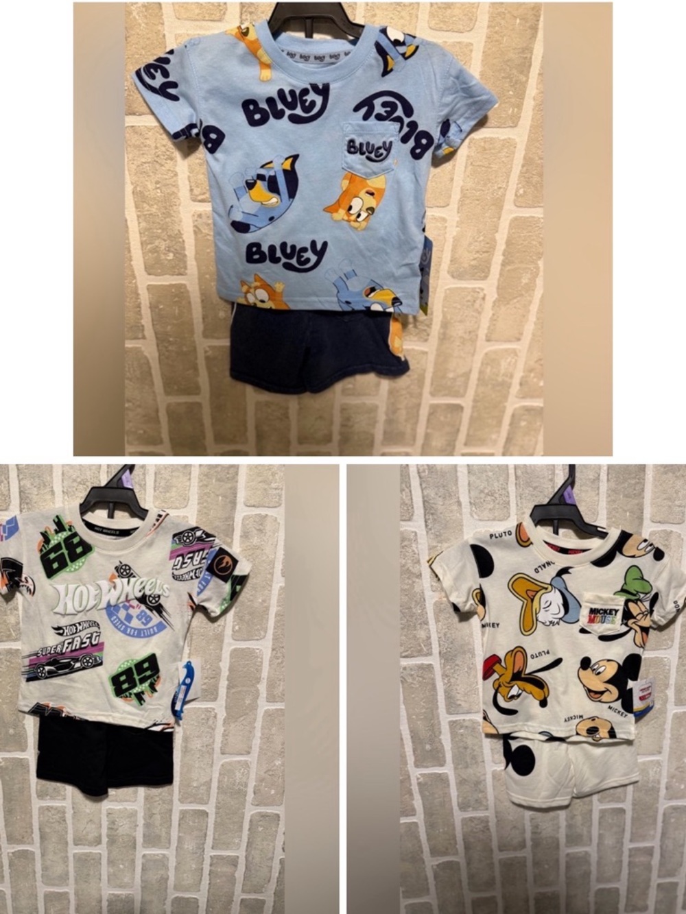 Three Piece Toddler Tee & Short Sets - Bluey, Hot Wheels, Mickey